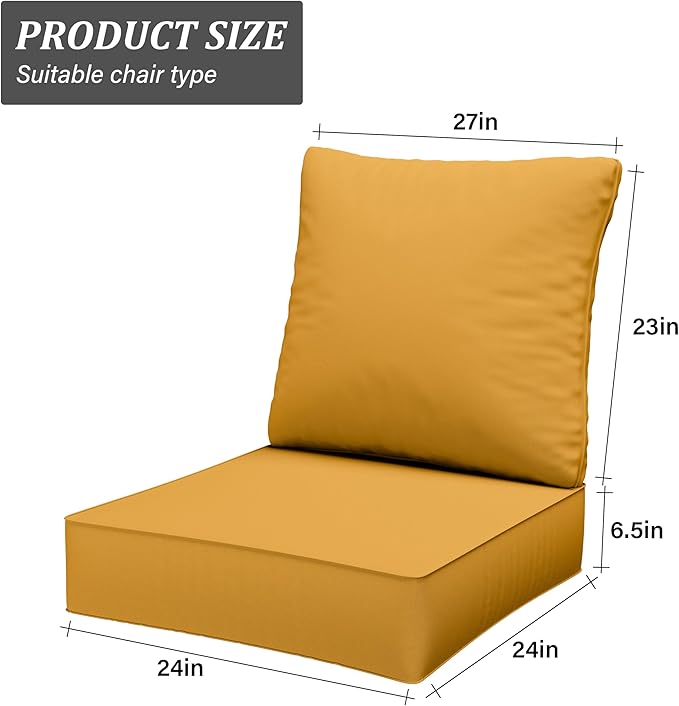 Outdoor Seat Cushion Set 24 x 24 x6.5 Inch Splash-Proof & Fade Resistant Patio Furniture Cushions with Removable Cover Deep Seat & Back Cushion with Straps for Chair Sofa Couch