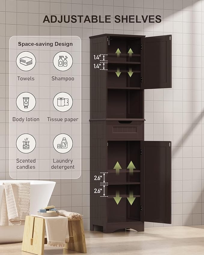 Gizoon 67" H Tall Bathroom Cabinet, Storage Cabinet with 2 Doors & Drawer, Narrow Linen Tower Freestanding Adjustable Shelves for Home, Kitchen, Versatile, Anti-Tipping, Dark Brown