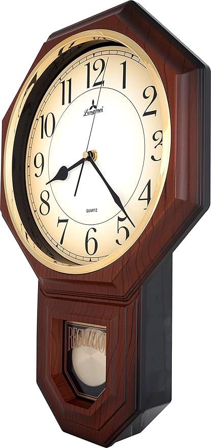 JUSTIME Traditional Schoolhouse Gradient Arabic Regulator Wall Clock, Chiming Wall Clocks with Pendulum & Westminster Chime Hourly, Schoolhouse Wall Decor Battery Operated (Dark Wood Grain)