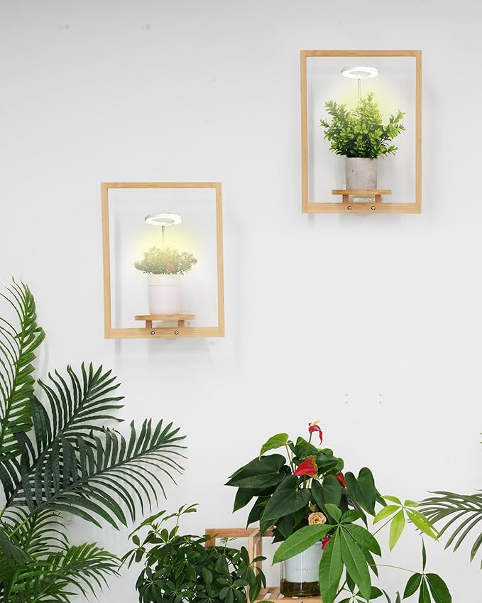 yadoker Wall Planters for Indoor Plants,Bamboo Hanging Plant Holders, Wall Decor Plant Stand, 2-Pack Window Plant Shelves with Plant Light> for Living Room & Entryway