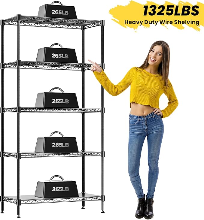 72" H Storage Shelves 5 Tier Wire Shelving with Shelf Liners, Adjustable Metal Garage Shelving, 1325LBS Heavy Duty Commercial Storage Rack for Pantry Kitchen, 35" W x 16" D x 72" H, Black