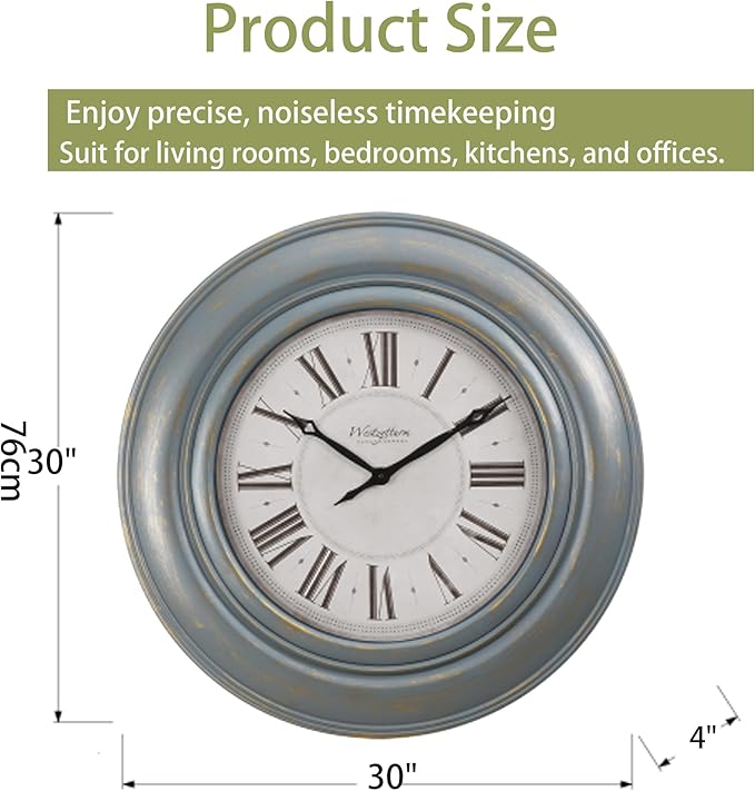 Extra Large Wall Clock, 30 Inch, Blue Bronze, Silent Non-Ticking Quartz Movement, Battery Operated, Decorative Roman Numeral, Vintage Clock Living Room, Office, Home Decor