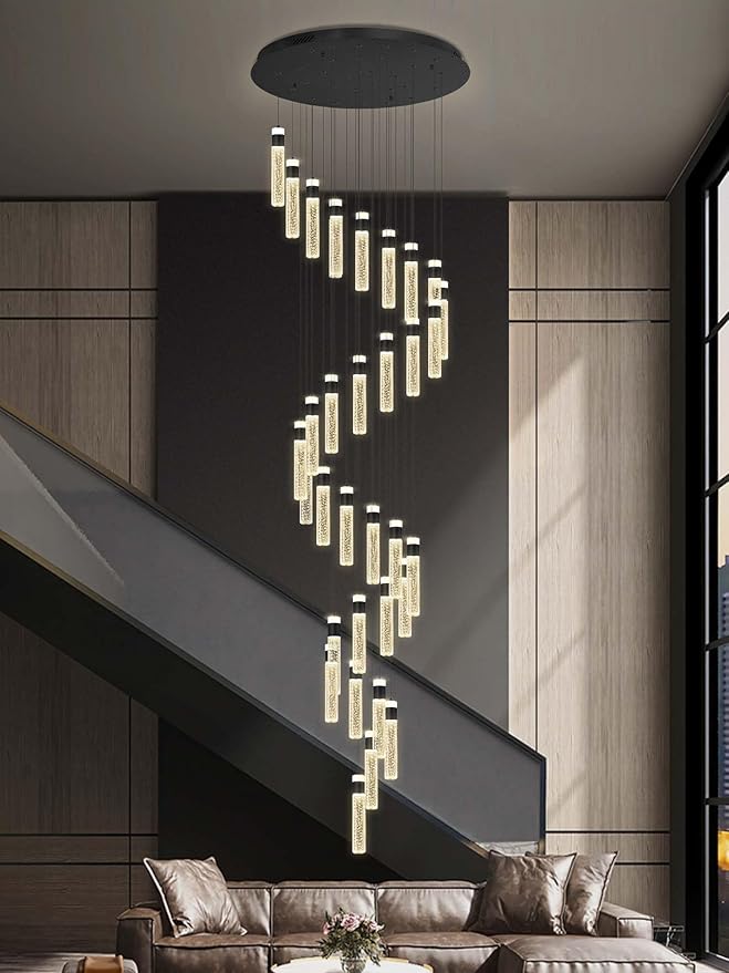 Large Crystal Chandeliers for High Ceiling H150inch Large Spiral Crystal Column Chandelier Lighting Fixture for Foyer Stair 32-Light Black