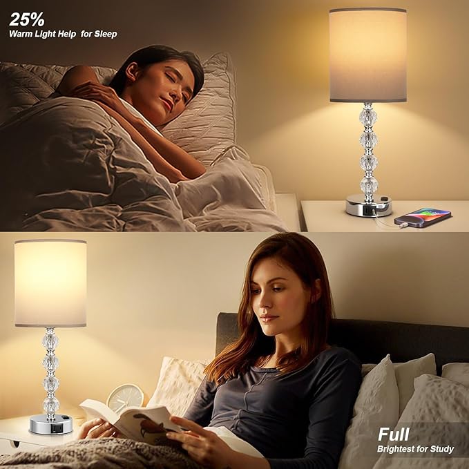 Touch Bedside Crystal Lamps for Bedrooms Nightstand with USB C+A Charging Port and AC Outlet White, 3 Way Dimmable Silver Large End Side Table Lamp for Living/Dinning Room/Kitchen/Bedroom