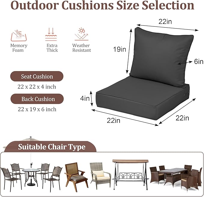 Outdoor Deep Seat Cushions for Patio Furniture Set of 2, Waterproof Outdoor Chair Cushions 22 x 22 x 4'' Patio Furniture Cushion with Fade Resistant Removable Cover, Handle & Straps, Dark Gray