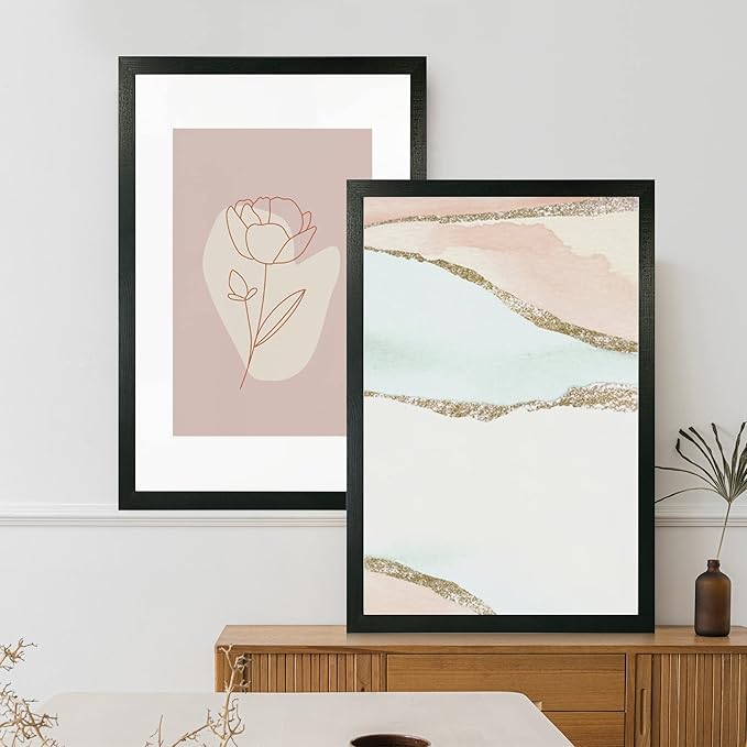 16x24 Frame Set of 2, Rustic Black Wood Style - Display 16 x 24 Picture without Mat or 12x18 Picture with Mat, Wall Mounting Horizontal and Vertical