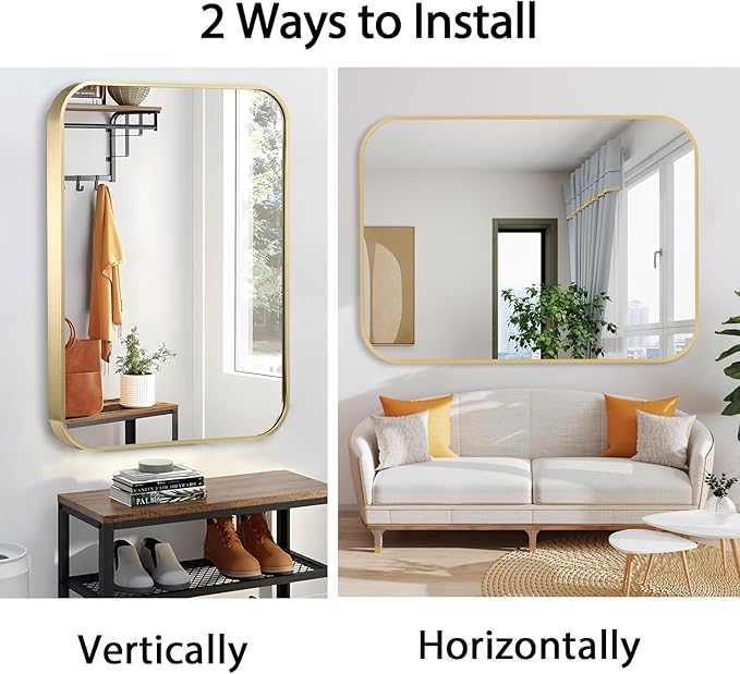 26x38 Inch Gold Bathroom Mirror, Brushed Brass Gold Metal Framed Rectangular Mirror with Rounded Corner, Bathroom Vanity Mirror for Bedroom or Living Room, Horizontal/Vertical