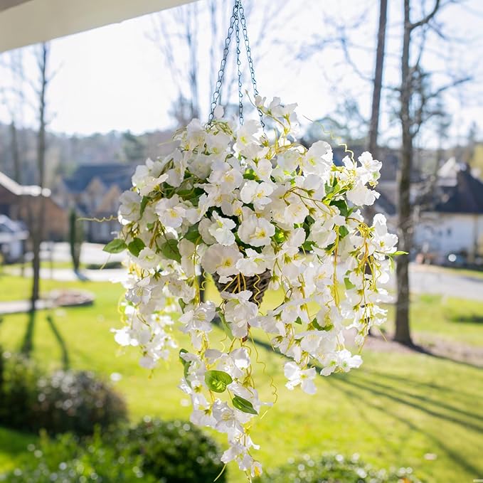 Ivydale Artificial Hanging Flowers Baskets Fake Plants for Outdoors Summer Decoration, Faux Hibiscus UV Resistance Realistic Silk Flowers for Outside Home Patio Porch Balcony Garden Wedding, White