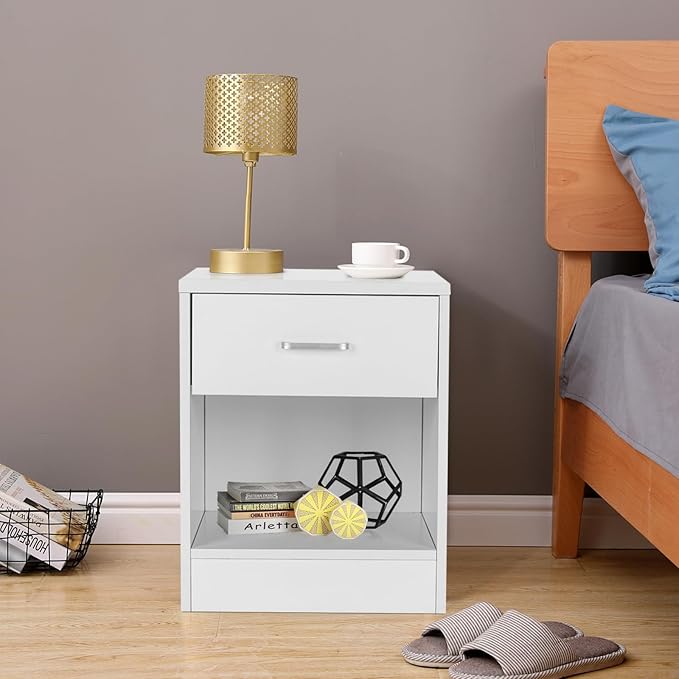 Karl home Nightstands Set of 2 with Drawer for Bedroom, Wood Night Stand Set 2 with Open Shelf, Modern Nightstand Bedside Tables Set of 2, End Table, White