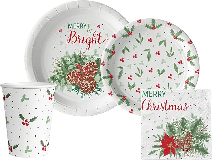 Traditional Christmas Tableware Pack: Disposable Paper Plates, Napkins and Cups Set for 20