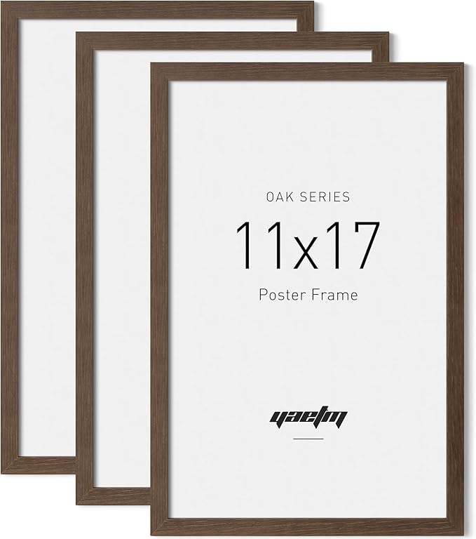 Yaetm 11x17 Picture Frame with Tempered Glass - Brown Walnut, Solid Wood 11x17 Poster Frame for Picture & Art Print, Lightweight, Horizontal and Vertical Wall Mount (3 Pack, Walnut)