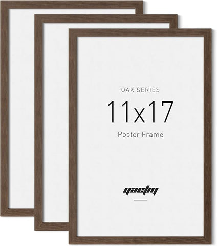 Yaetm 11x17 Picture Frame with Tempered Glass - Brown Walnut, Solid Wood 11x17 Poster Frame for Picture & Art Print, Lightweight, Horizontal and Vertical Wall Mount (3 Pack, Walnut)