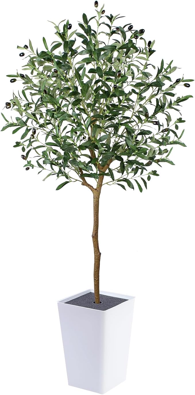 Artificial Olive Tree with White Tall Planter, 5ft Tall Potted Decorative Fake Olive Tree, Large Faux Silk Tree for Home Office Floor Room Decor Plant Indoor Outdoor, Housewarming Gift