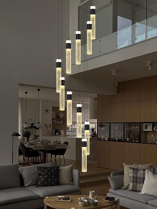 10-Light Black Modern Crystal Chandelier for Living Room Foyer Entrance 110" Long Bubble Crystal Chandelier for Loft High Ceiling Lighting Fixtures LED Lampara, 3000k-6000K