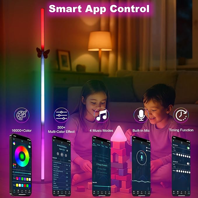 2 Pack Corner Floor Lamp - 57'' Tall RGB Lamp with Music Sync, 16 Million Colors, 88 LED Dual RGB White, Voice & App Control Mood Light with Timer & Remote for Gaming, Bedroom & Living Room