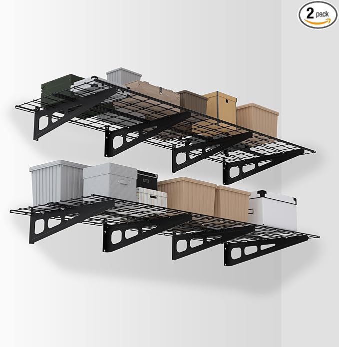WORKPRO 2-Pack 2x6FT Garage Wall Shelving, 72” x 24” Heavy Duty Wall Mounted Shelving, 800lbs Load Capacity (Total), Metal Wall Shelves Suitable for Shop, Shed, Garage Storage, Black, 1 Sets