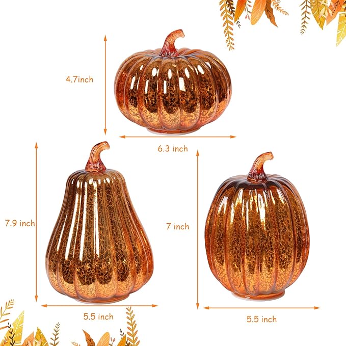 Fall Lighted Glass Pumpkins Set of 3 – Battery Operated Mercury Glass Pumpkin Decor with LED Lights, Autumn Thanksgiving Halloween Table Centerpiece Decorations for Home, Fireplace, Mantel, 8"/7"/6"