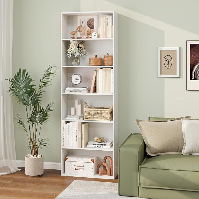 Tangkula 6-Tier Bookcase, 70” Tall Freestanding Bookshelf with 6 Open Shelves, Anti-Toppling Kits, Floor Display Storage Organizer for Living Room, Study, Kitchen, Home & Office (White, 70" H)
