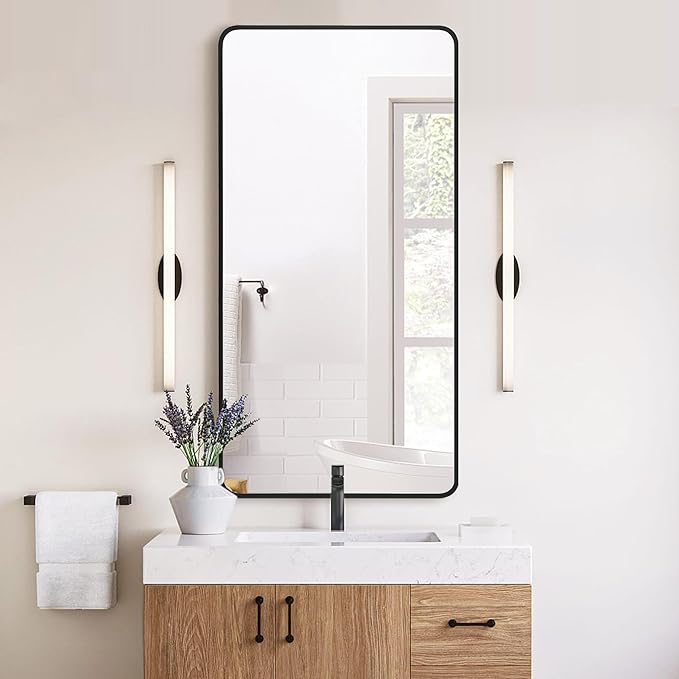 20"x40" Bathroom Wall Mirror with Matte Black Metal Frame & HD Glass, Copper-Free Mirrors Modern Rectangle Round Corner Framed Vanity Mirror - Horizontal or Vertical Installation