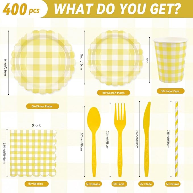 400PCS Yellow Gingham Party Supplies, Scalloped Disposable Tableware Set Includes Paper Plates Napkins Cups Straws Forks Knives Spoons for Baby Shower Birthday Wedding Decorations, Serve 50