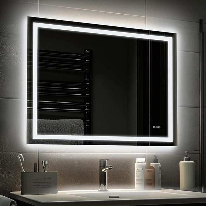 32x40'' LED Bathroom Mirror with Light, Frameless, Dimmable Front & Backlit, Anti-Fog, Distortion Free, Light Memory, Tempered and Shatter-Proof Wall Mounted Vanity Silver Coating Mirror