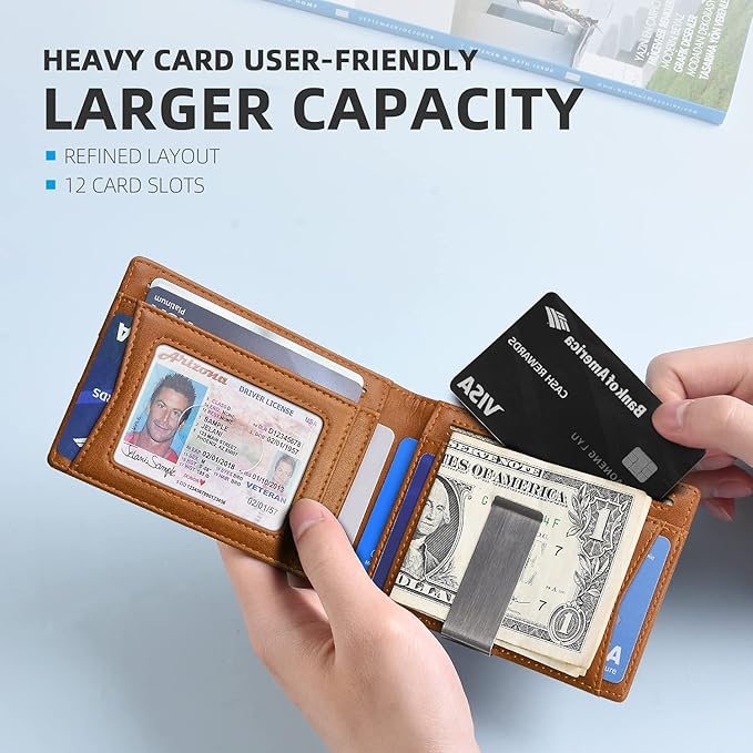 Zitahli Slim Wallet for Men Gifts 12 Card Slots ID Window With Money Clip Minimalist RFID Front Pocket Bifold Leather Small Thin Gift Box Dad Birthday Christmas Regalos Hombres