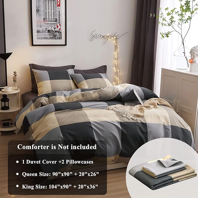 VM VOUGEMARKET Plaid Duvet Cover King,Black Gray Checkered Bedding Set with Zipper Ties,Simple Luxury Boys Men Comforter Cover Set Soft Cotton Home Bedding-104x90