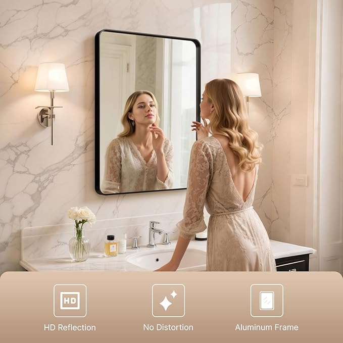 32x24 Bathroom Vanity Mirror for Wall, Aluminum Framed, Farmhouse Rectangle, Anti-Rust, HD Reflection Anti-Desilvering, Distortion Free, Tempered and Shatter-Proof Wall Mounted Mirror, Black