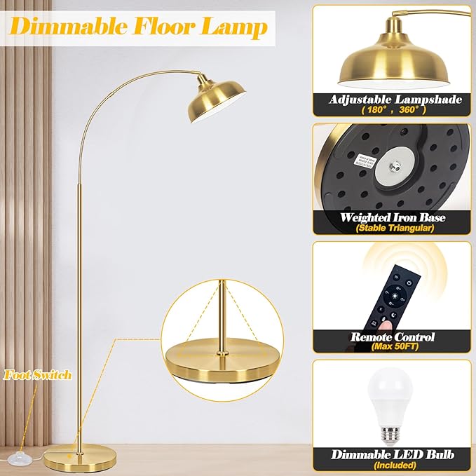 Gold Floor Lamps for Living Room- Arc Floor Lamps with 9W Bulb, 360° Adjustable Metal Shade, Remote Control Dimmable Floor Lamp, Over Couch Mid Century Modern Brass Floor Lamp for Bedroom, Office