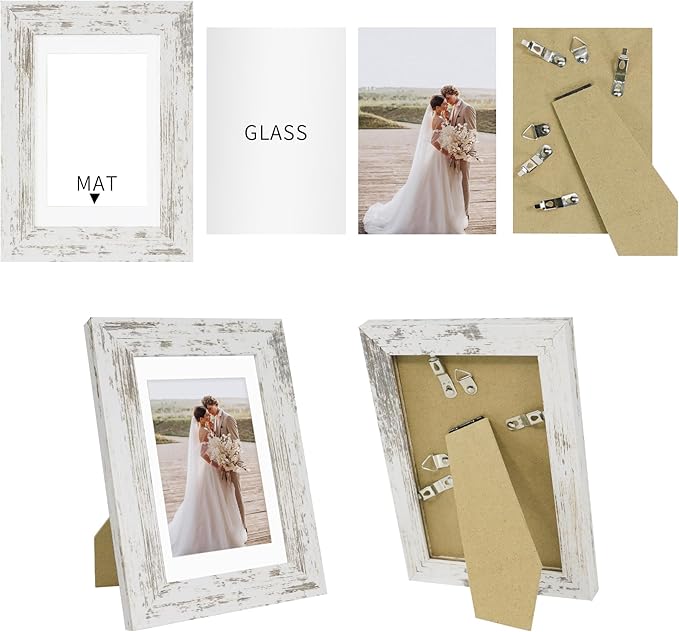5x7 Picture Frame Set of 2, Made of Real Glass and Distressed White Wooden Frame - Display Pictures 4x6 with Mat or 5x7 Without Mat, 5 by 7 Photo Frame for Wall or Tabletop Display