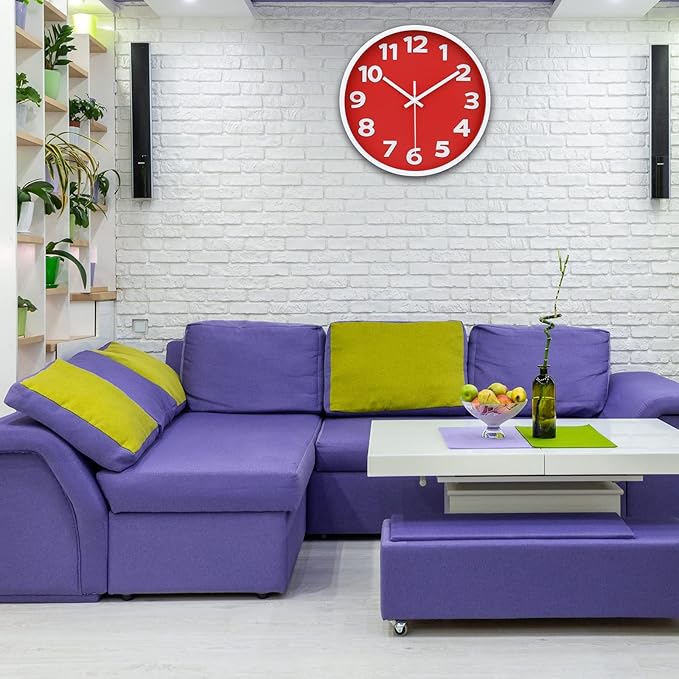Red Wall Clock 10 Inch Silent Non-Ticking Battery Operated,Small Modern Wall Clocks Quality Quartz Analog Clock Decorative for Kitchen Home School Office, 3D Numbers Easy to Read