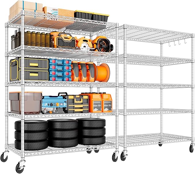 PrimeZone 2 Pack 48" W Wire Shelving Heavy Duty with Wheels,5 Tier Adjustable Garage Storage Shelves Unit,Rolling Metal Organizer Shelf Utility Rack Warehouse,Pantry,Chrome 48" Wx24 Dx81 H