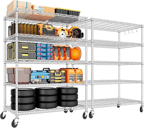 PrimeZone 2 Pack 48" W Wire Shelving Heavy Duty with Wheels,5 Tier Adjustable Garage Storage Shelves Unit,Rolling Metal Organizer Shelf Utility Rack Warehouse,Pantry,Chrome 48" Wx24 Dx81 H