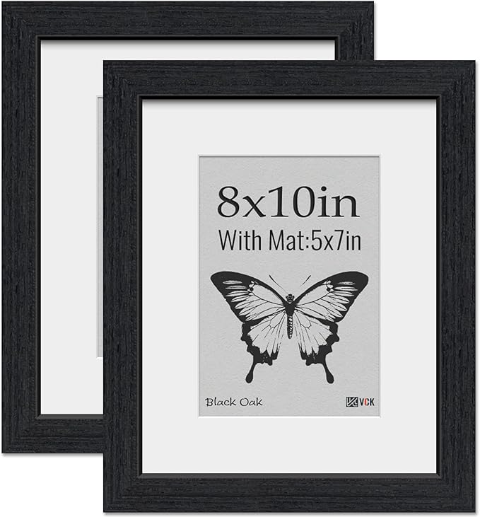 VCK 8x10 Picture Frame 2 Pack, Natural Wood Grain Black Oak & HD Glass, Display 5x7 Photos with Mat or 8x10 without Mat, Tabletop or Wall Hanging