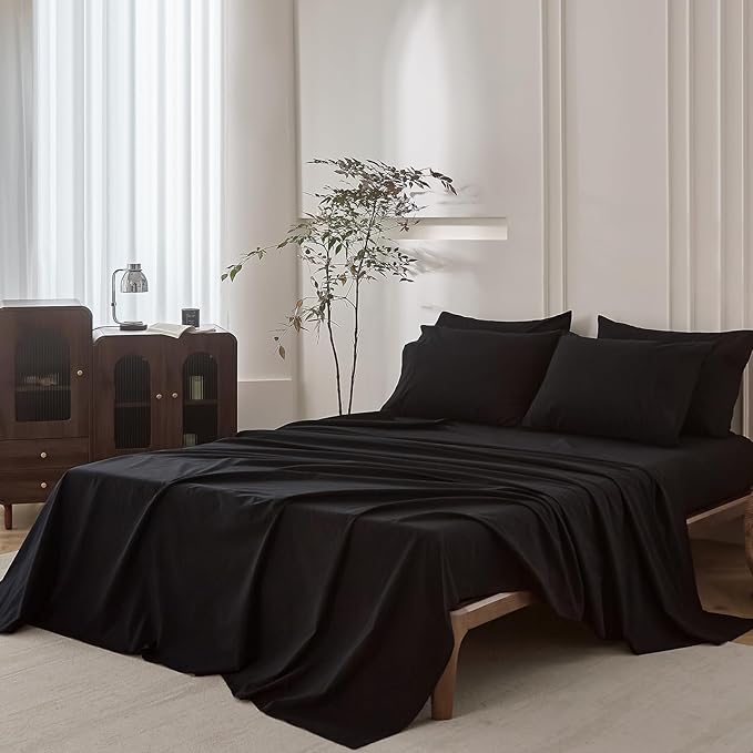 6PS Linen Like Bedding Sheet Sets Black Queen Size Cotton Bedding Set Oeko-TEX Standard 100% Washed Cotton Deep Pocket Queen Size Fitted Sheet Plus Cozy Flat Sheet and 4 Pillowcases