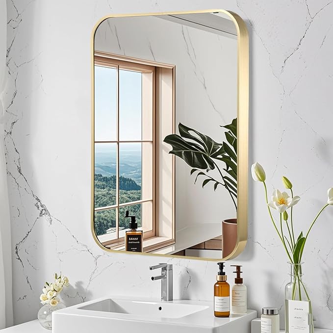 FARMER 20x28 Inch Gold Bathroom Mirrors for Wall, Framed Bathroom Vanity Mirror with Rounded Edge, Brushed Rectangle Mirrors for Bathroom for Washroom, Living Rooms, Hangs Horizontally or Vertically
