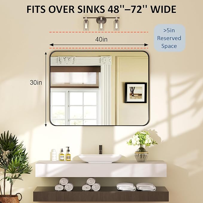 40×30 Black Vanity Mirror for Over Sink - Rectangular Bathroom Mirrors for Wall with Tempered-Glass & Rustproof Metal Frame for Restroom, Rounded Corners, Horizontal/Vertical, Explosion Proof