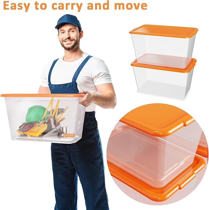 Storage Totes with Lids - Made in USA 14.5-Gallon (58-Quart) 4-Pack storage bins with lids plastic storage containers large storage boxes for Organizer Orange/Clear