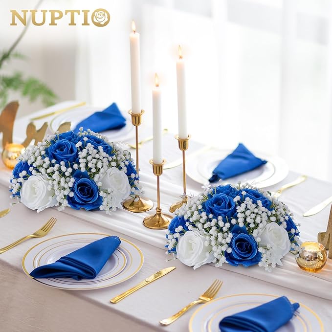 NUPTIO Royal Blue Flowers for Centerpieces: 2 Pcs 8.6 inch Diameter Artificial Rose Balls Fake Flower Ball Arrangement Bouquet Wedding Centerpieces Event Party Tables Decorations