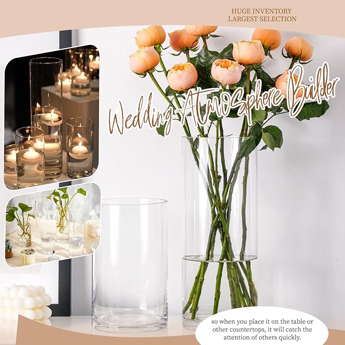 6 Pack Glass Cylinder Vases 10 Inch Tall Clear Flower Vase Bulk Glass Vases Hurricane Floating Candle Holder for Table Centerpiece Party Wedding Home Decor