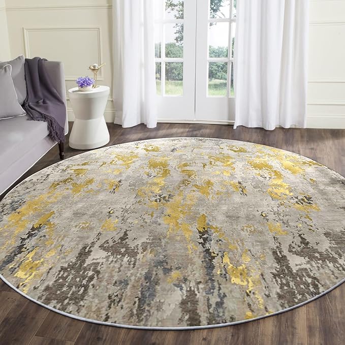 vivorug Round Rug 5ft Abstract Round Area Rug Non-Slip Indoor Carpet for Living Room Bedroom Entryway, Stain Resistant Home Decor Circle Rug, Grey/Mustard