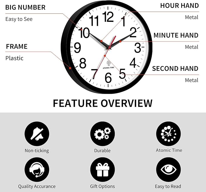 Atomic Wall Clock, Modern 12 Inch Battery Operated Wall Clocks, Analog Clock for Living Room, Office, Home, Bedroom, Kitchen, Bathroom(Black)