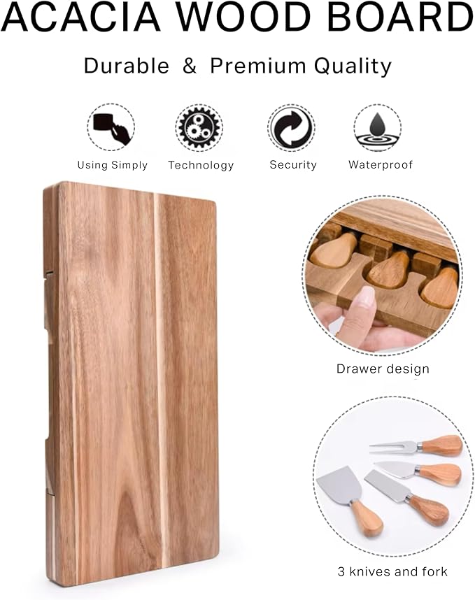 Personalized Charcuterie Board with Cheese Knives - Custom Engraved Cutting Board Set - Wedding Gift, Anniversary, Houswarming Gift for Couple - Acacia Wood Cheese Tray with Drawers