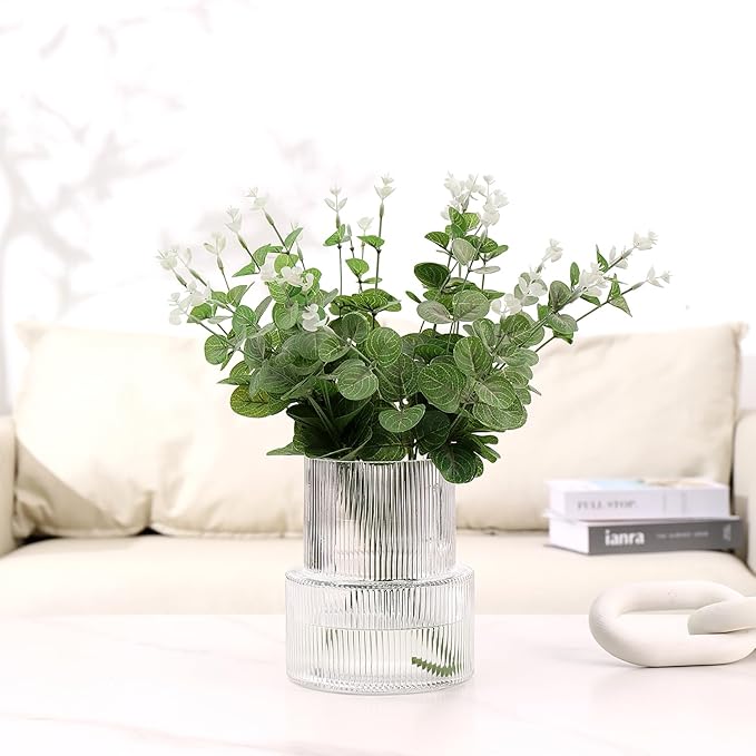 Ribbed Glass Vase, Flower Vase, Fluted Clear Vases for Flowers, Modern Vases for Living Room, Dining Table, Entryway, Shelf, Wedding, Office, Coffee Table, Birthday, 7.5 Inches