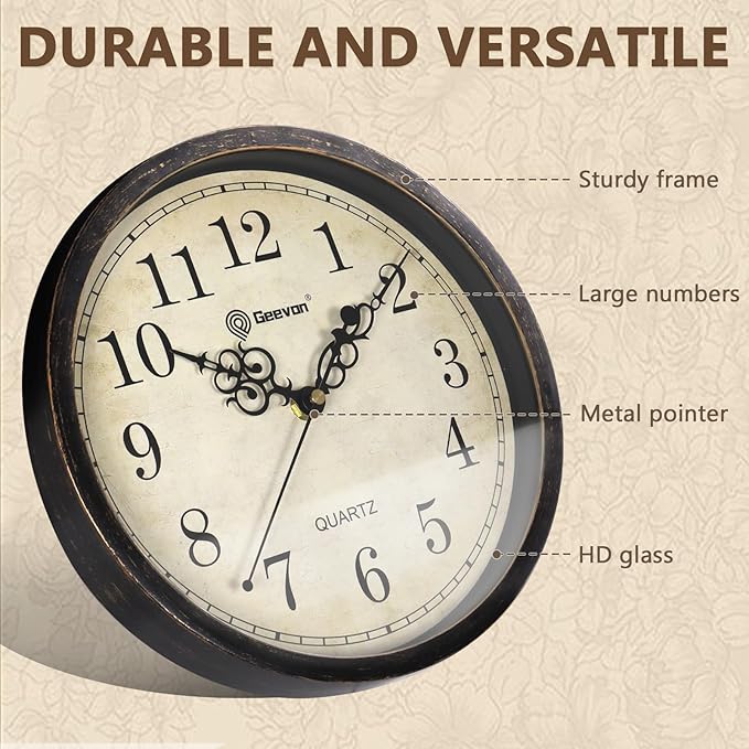 Geevon Vintage Wall Clock 10" Silent Non-Ticking Retro Round Quartz Battery Operated Decorative Clock for Kitchen, Living Room, Bedroom, Office, Classroom