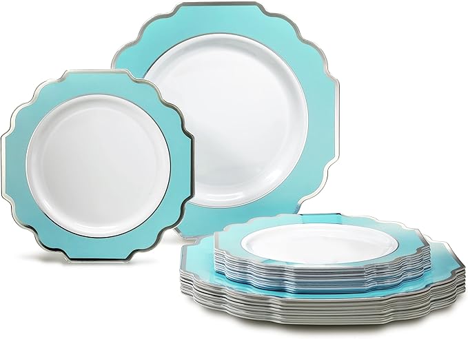 " OCCASIONS " 50 Plates Pack (25 Guests)-Heavyweight Wedding Party Disposable Plastic Plate Set -(25x10.5'' Dinner + 25x8'' Salad/dessert (Imperial Aqua & Silver)