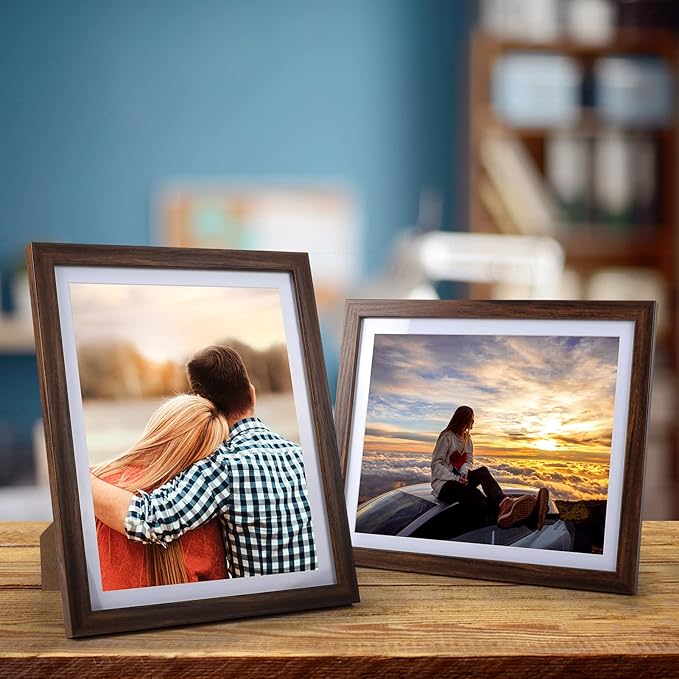 Giftgarden Brown 8x10 Picture Frame Set of 4, 9x11 Frames with Mat for 8” by 10” Photos, Rustic Walnut Wood-Color Frames for Wall or Tabletop