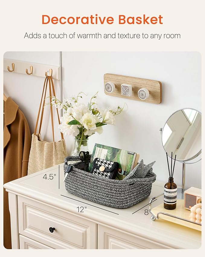 KALLAX Small Woven Basket, 12 x 8 x 4.5 Inches, Small Storage Baskets for Organizing, Gift Baskets Empty, Cute Rope Shelf Closet Storage Bins for Shelves, Dog Toy Basket, Mixed Black