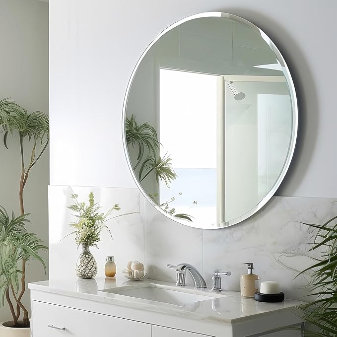 KOHROS Round Bathroom Mirror 32" x 32" Large Circle Mirror for Bathroom, Frameless Beveled Edge Mirror for Wall, Anti-Rust, Tempered Glass, Hallway & Home Decor (Silver)