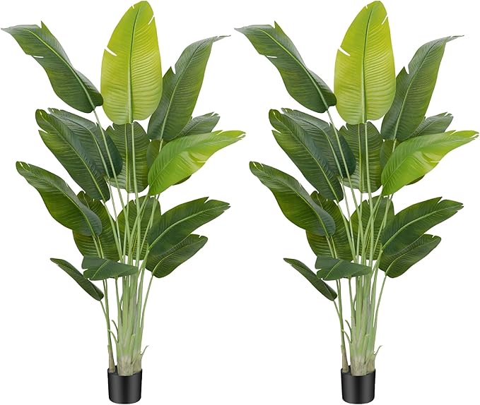 Lifelike Bird of Paradise Artificial Plant,6.6ft Faux Banana Leaf Tree with 15 Trunks - Perfect Indoor Silk Floor Plant for Home Decor in Living Room, Office, and Bedroom (Set of 2)